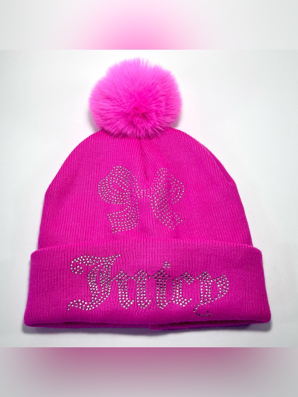 Juicy Couture Kids Hot Pink Beanie With Pom Sparkly Rhinestone Bow One Size